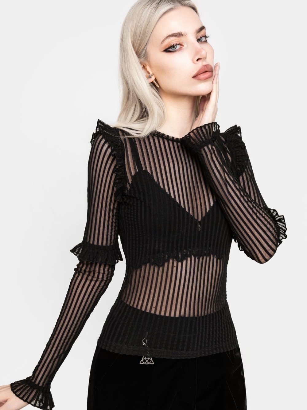 Disturbia Mourning Ruffle Sheer Mesh Black Gothic Top US 14